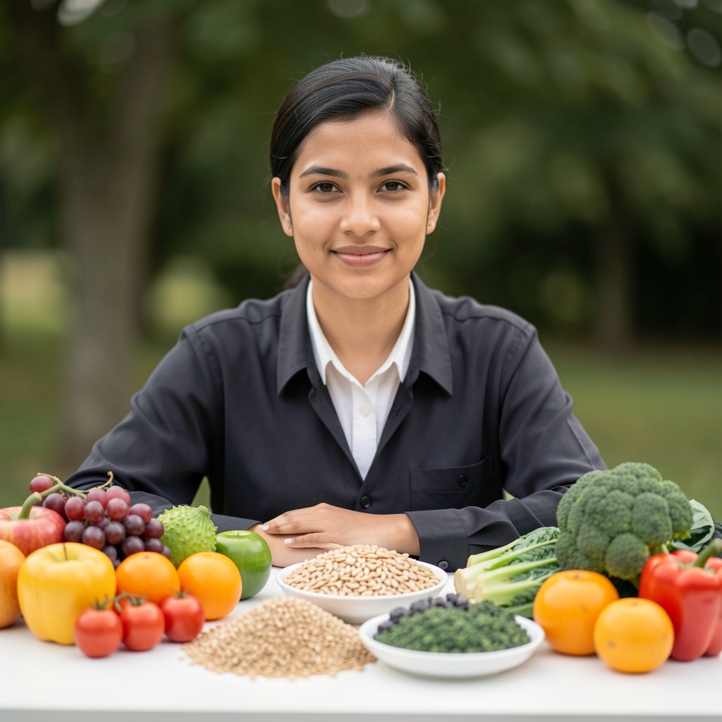 Frische Lebensmittelauswahl auf einem hellen Tisch – Obst, Gemüse und Körner in systematischer Anordnung, dokumentarische Draufsicht