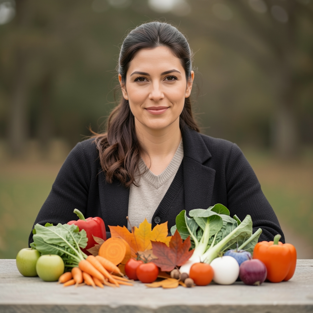 Vier Schalen mit saisonalem Gemüse aus verschiedenen Jahreszeiten – Frühling, Sommer, Herbst und Winter – auf neutralem Steintisch