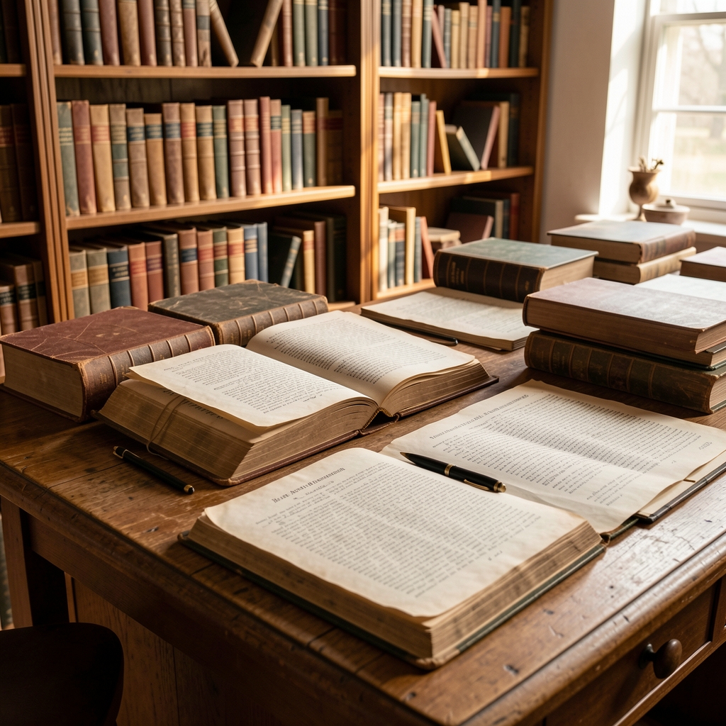 Alte wissenschaftliche Bücher und Forschungsunterlagen auf einem Archivtisch – historische Dokumente zur Ernährungswissenschaft in warmem Licht