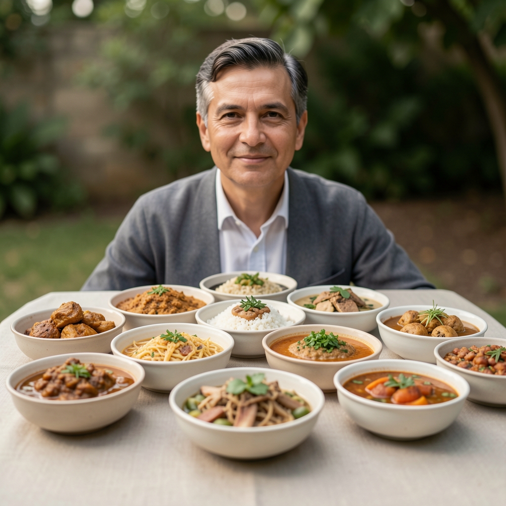 Verschiedene traditionelle Speisen aus unterschiedlichen Weltregionen nebeneinander auf einem Tisch – neutrale dokumentarische Draufsicht ohne Personen