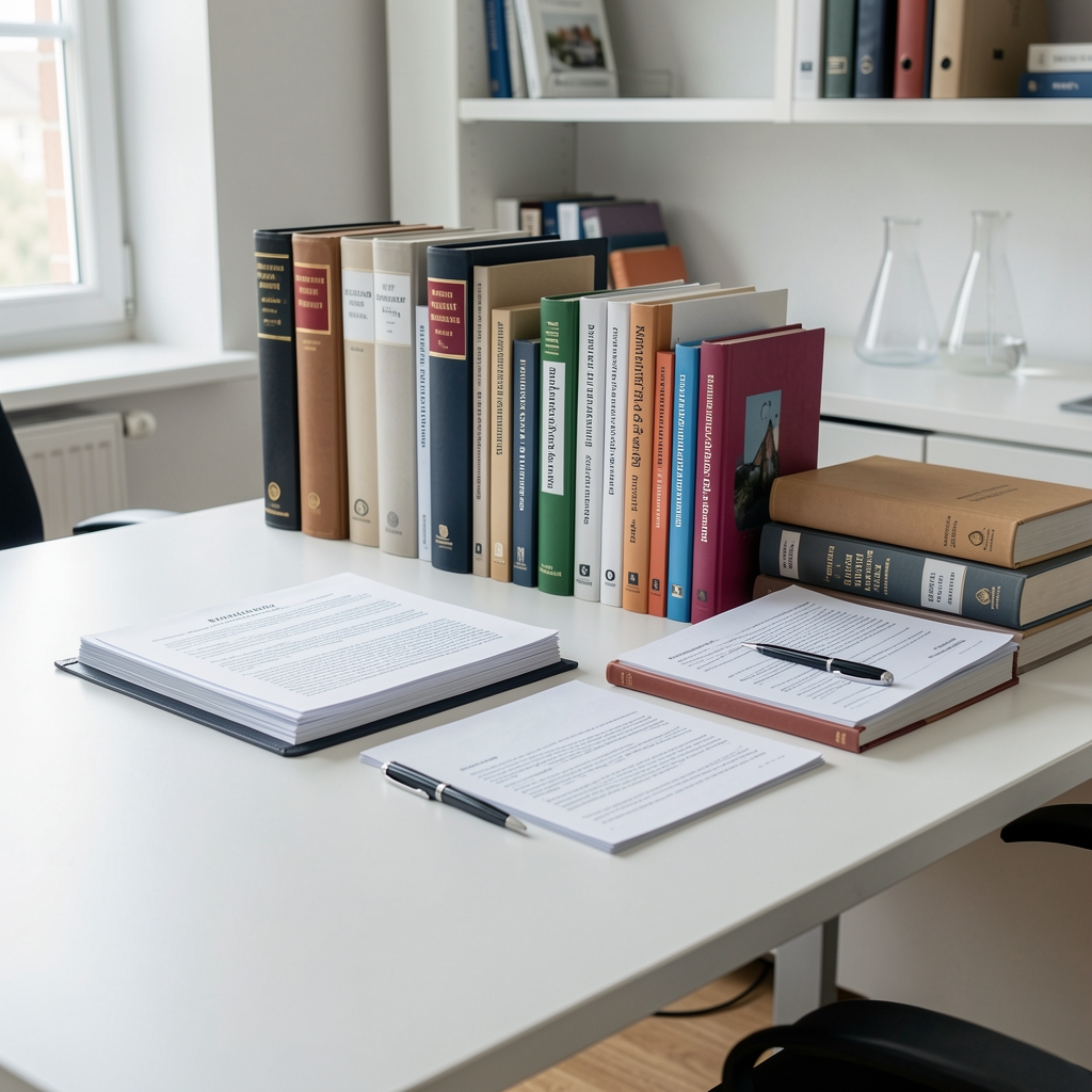 Ordentlich angeordnete Forschungsunterlagen und wissenschaftliche Bücher auf einem weißen Schreibtisch – Studioaufnahme im institutionellen Stil